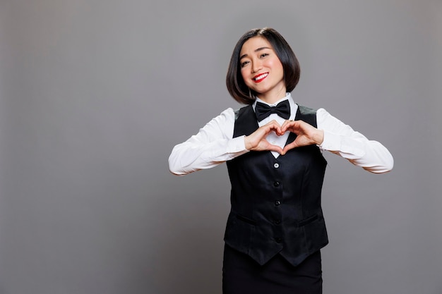 Alegre mujer asiática sonriente con uniforme de camarera mostrando el símbolo del corazón con el retrato de los dedos. Feliz recepcionista mostrando gestos de amor y afecto y mirando a la cámara