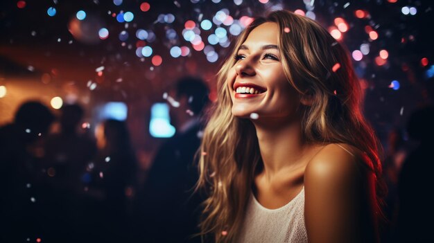 Foto una alegre mujer de cabello rizado adornada con pañuelos de noche brilla en medio de una celebración llena de confeti con luces bokeh relucientes