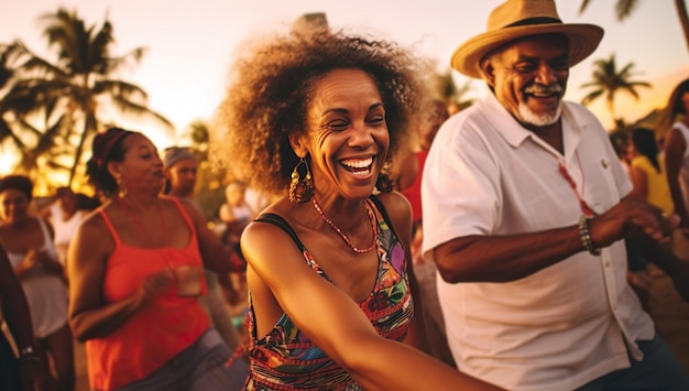 Una alegre mujer hispana adulta con un vestido brillante baila en una fiesta de playa con un anciano con un sombrero