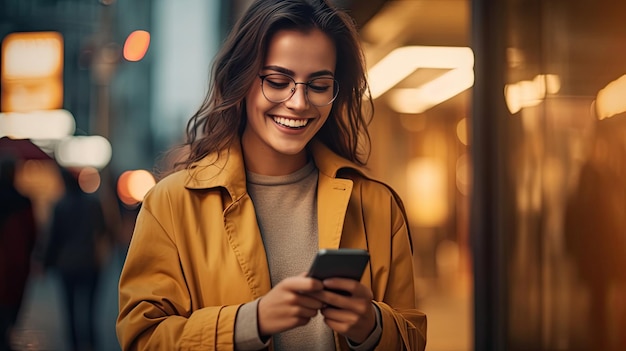 Alegre de una mujer joven con un teléfono inteligente en la calle de la ciudad