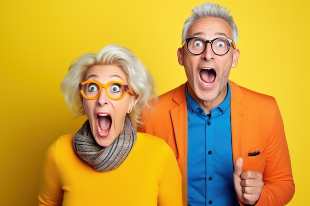 Una alegre mujer de mediana edad y su marido, un pensionista, reaccionan a las noticias chocantes.
