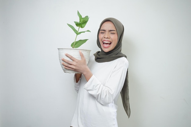 Una alegre mujer musulmana asiática con camiseta y hiyab sosteniendo una planta aislada de fondo blanco