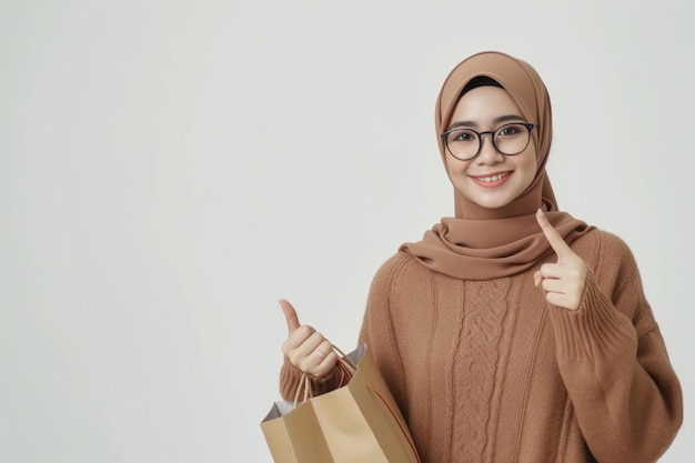 Una alegre mujer musulmana asiática promoviendo el Día de los Derechos del Consumidor