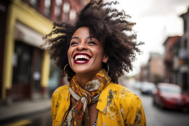 Una alegre mujer negra en la calle Generative ai