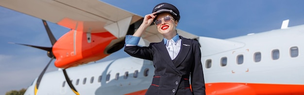 Alegre mujer trabajadora de la aerolínea de pie al aire libre en el aeropuerto