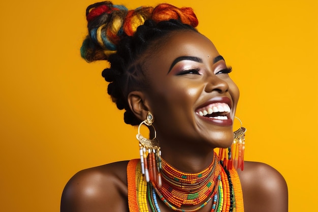 Alegre mulher africana com maquiagem sorrindo em um estúdio