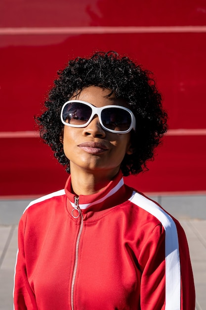 Alegre mulher afro-americana em roupas esportivas em um fundo vermelho em um dia ensolarado