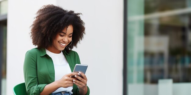 Alegre mulher americana senta-se em casa em uma poltrona faz compras na Internet