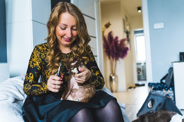 Alegre mulher cortando as garras do gato devon rex por uma tesoura na sala de estar