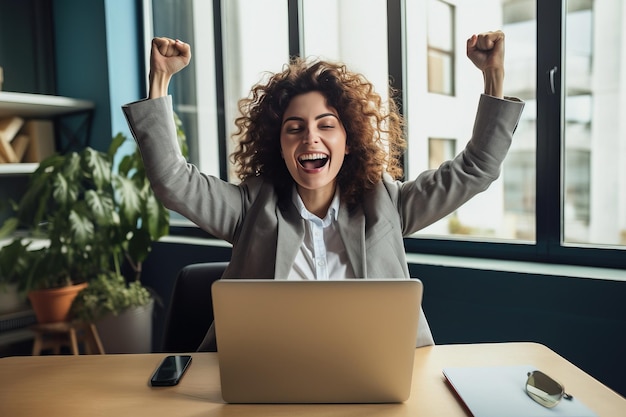 Alegre mulher de negócios freelancer empresário sorrindo Generative AI