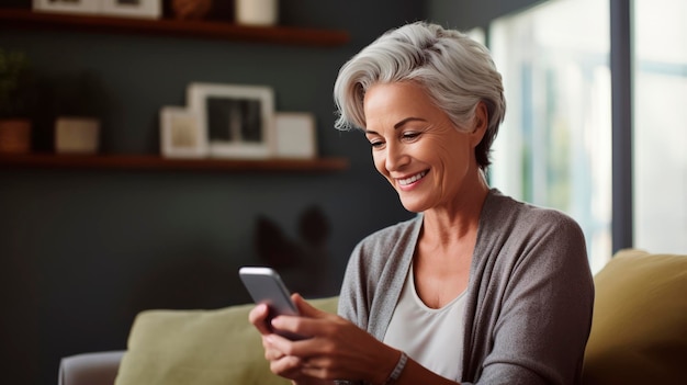 Alegre mulher madura navegando em smartphone