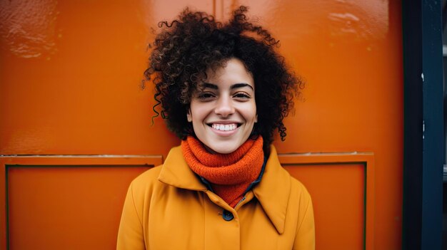 Alegre mulher negra afro-americana em frente à parede, feliz vida nas ruas, cidade moderna