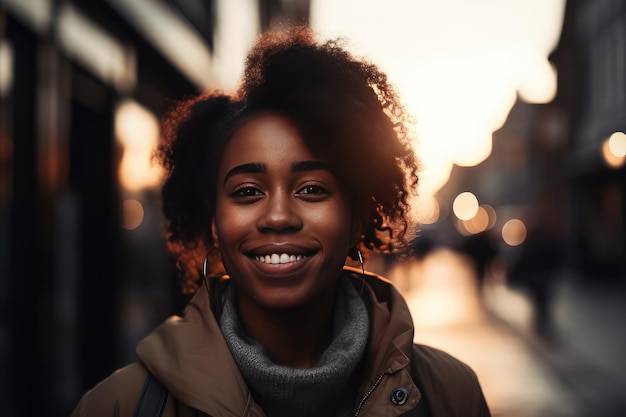 Alegre mulher negra na rua ao pôr do sol