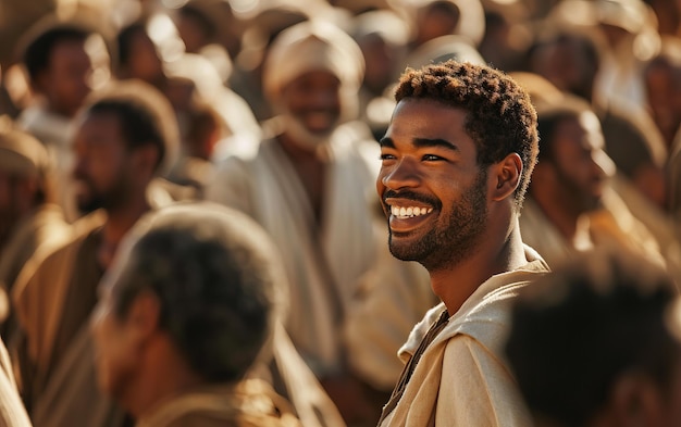 Alegre en una multitud El hombre sonriente en medio de hombres sociables que lo rodean