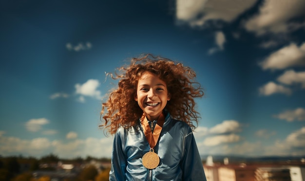 Alegre niña deportiva celebrando la victoria con una medalla de oro orgullosa campeona de atletismo infantil