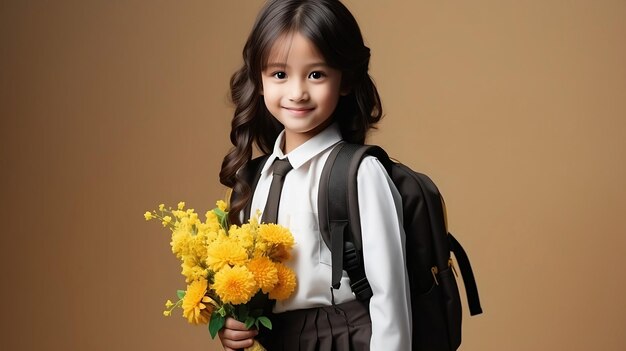 Alegre niña de la escuela primaria asiática con un uniforme que lleva su mochila