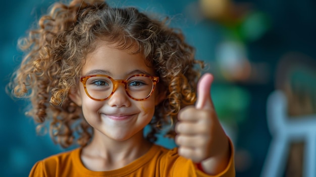 La alegre niña de gafas levanta el pulgar