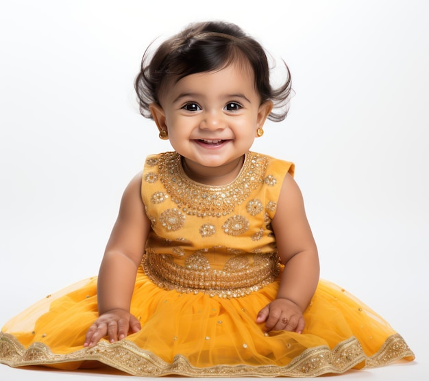 Alegre niña india de 18 meses con lehenga radiante belleza en amarillo soleado y naranja