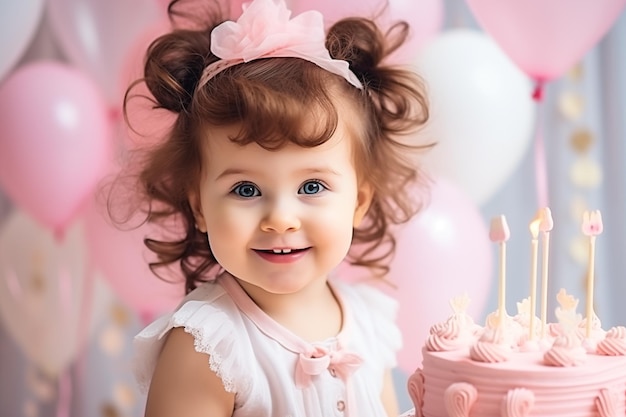 Alegre niña linda celebrando su primer cumpleaños con pastel y globos Fiesta de cumpleaños infancia