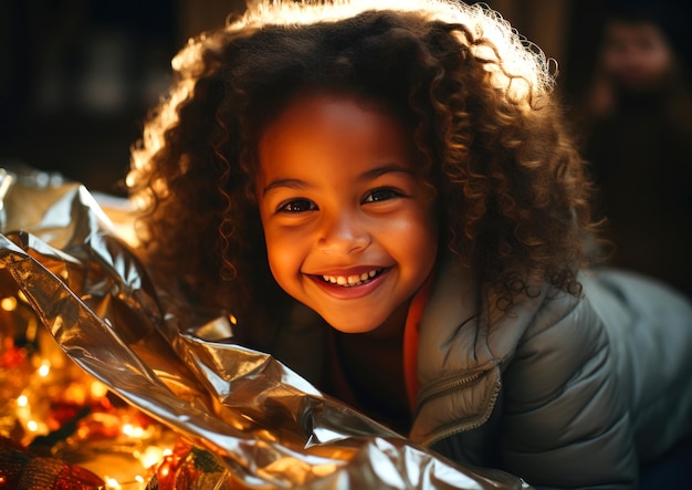 Foto alegre niña negra jugando en casa niña construyendo una tienda de una manta concepto de infancia feliz