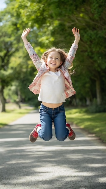 Alegre niña niño saltando aislado