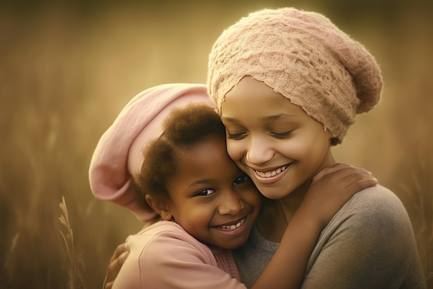 Alegre niña sobreviviente de cáncer abrazando a un amigo tonos rosa y ámbar IA generativa