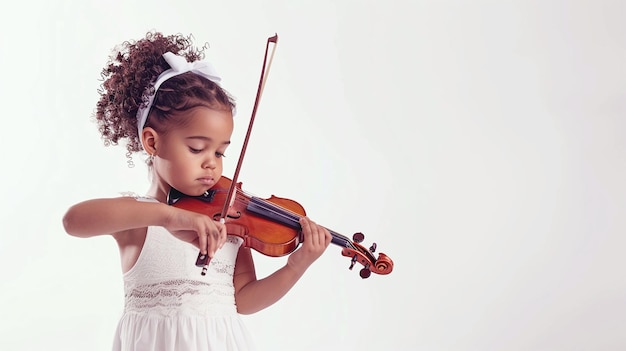 Alegre niña con violín aislada en blanco con espacio para copiar