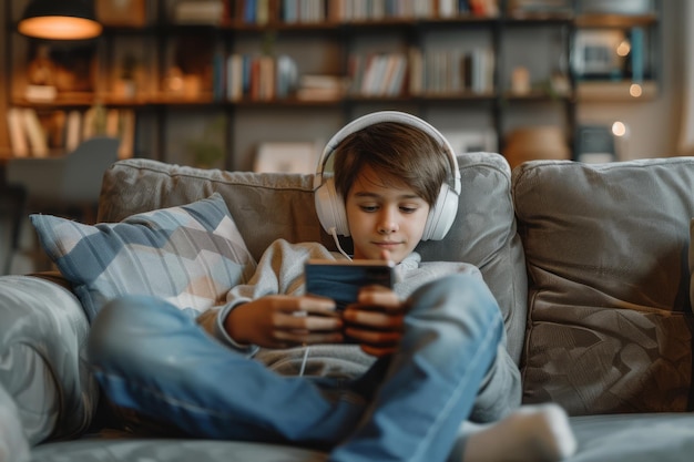 Foto un alegre niño latino con grandes auriculares blancos usa su teléfono inteligente para escuchar