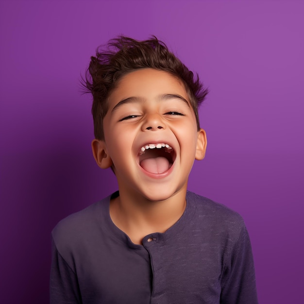 Foto alegre niño del medio oriente empujando juguetonamente su juguete