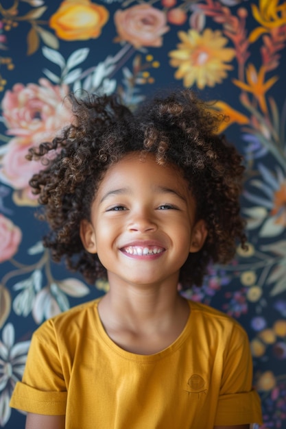 alegre niño negro joven riendo con el cabello rizado con una camisa amarilla se para frente a un papel tapiz floral riendo con pura alegría y mirando a la cámara