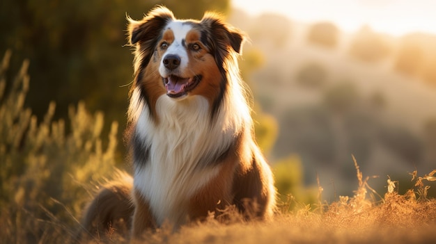 Alegre y optimista, un perro grande sentado en un campo iluminado por el sol