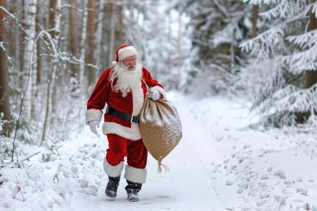 Un alegre Papá Noel caminando por un bosque nevado llevando una gran bolsa de regalos