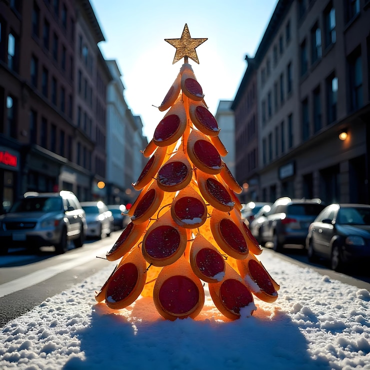 El alegre Papá Noel está sosteniendo una deliciosa pizza comida preparada para las fiestas entrega de pizza