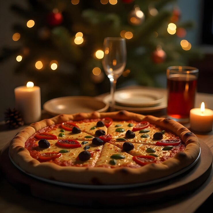El alegre Papá Noel está sosteniendo una deliciosa pizza comida preparada para las fiestas entrega de pizza