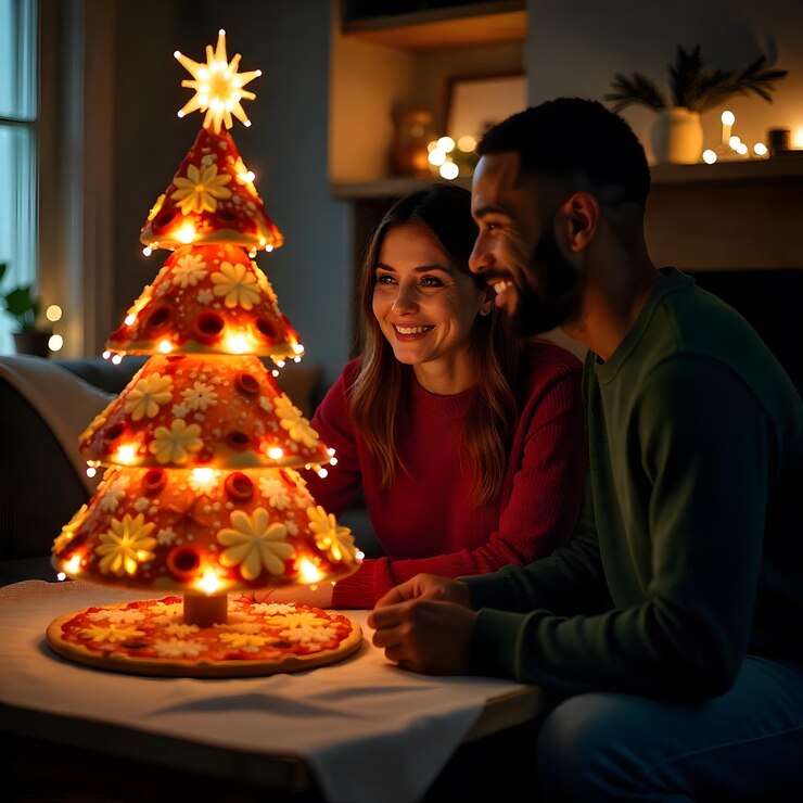 El alegre Papá Noel está sosteniendo una deliciosa pizza comida preparada para las fiestas entrega de pizza