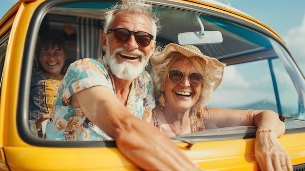 Una alegre pareja de ancianos disfrutando de unas vacaciones juntos mientras viajan en un automóvil clásico de IA generativa