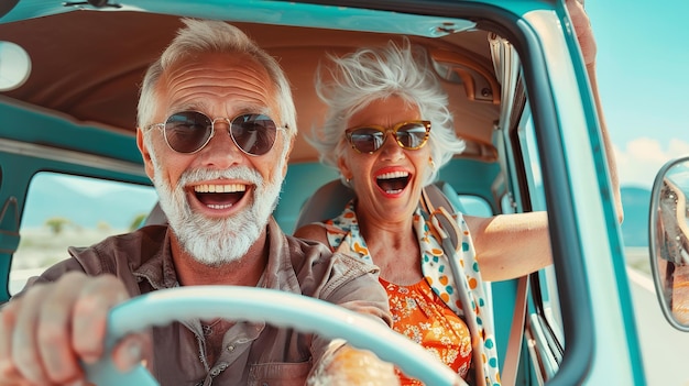 Una alegre pareja de ancianos disfrutando de unas vacaciones juntos mientras viajan en un automóvil clásico de IA generativa