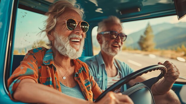 Una alegre pareja de ancianos disfrutando de unas vacaciones juntos mientras viajan en un automóvil clásico de IA generativa