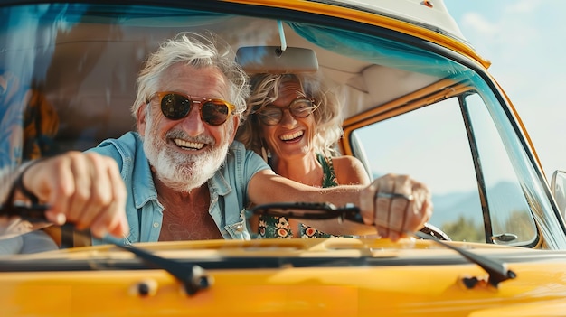 Una alegre pareja de ancianos disfrutando de unas vacaciones juntos mientras viajan en un automóvil clásico de IA generativa