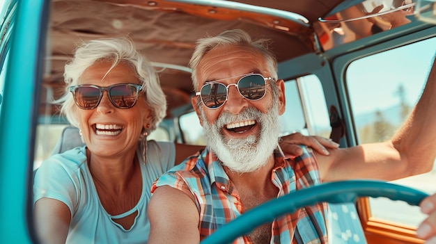 Una alegre pareja de ancianos disfrutando de unas vacaciones juntos mientras viajan en un automóvil clásico de IA generativa