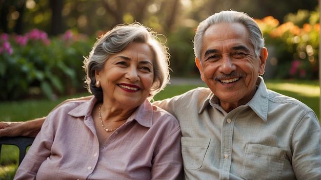 Una alegre pareja de ancianos hispanos al aire libre