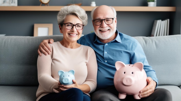 Una alegre pareja de ancianos sentados juntos en un sofá con una alcancía que simboliza la seguridad financiera y los ahorros en sus años de jubilación