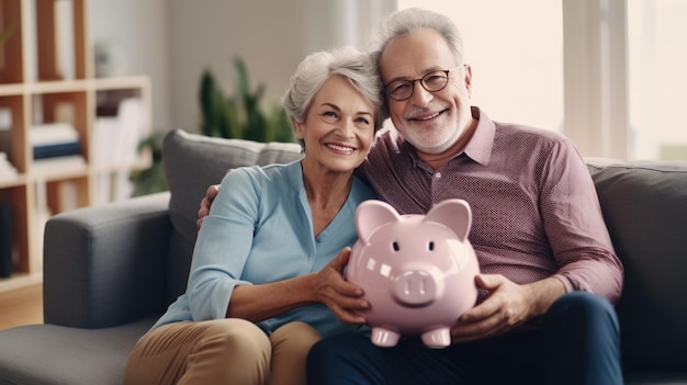 Una alegre pareja de ancianos sentados juntos en un sofá con una alcancía que simboliza la seguridad financiera y los ahorros en sus años de jubilación