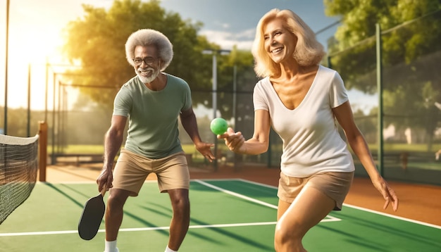 Foto una alegre pareja de estudiantes de último año abrazando el ejercicio con un juego amistoso de pickleball