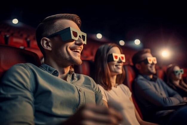 Foto alegre pareja feliz en el cine gente viendo películas con gafas 3d generar ai