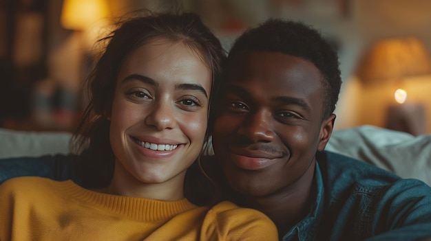 Una alegre pareja multirracial se hace una selfie en un cómodo sofá en casa