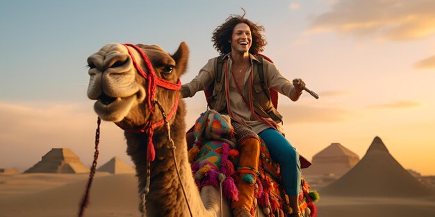 Alegre passeio de camelo perto das pirâmides ao pôr do sol, experimentando maravilhas antigas, aventura de viagem capturada pela IA