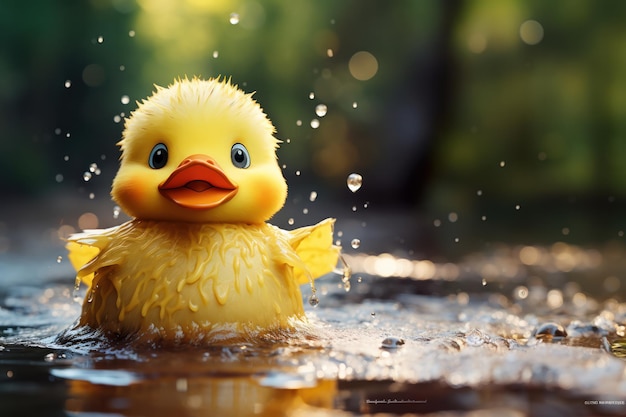 El alegre pato amarillo de juguete se está bañando en el agua.