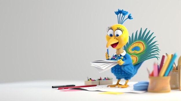 Un alegre pavo real de dibujos animados está sentado en un escritorio escribiendo diligentemente con una pluma en su pico