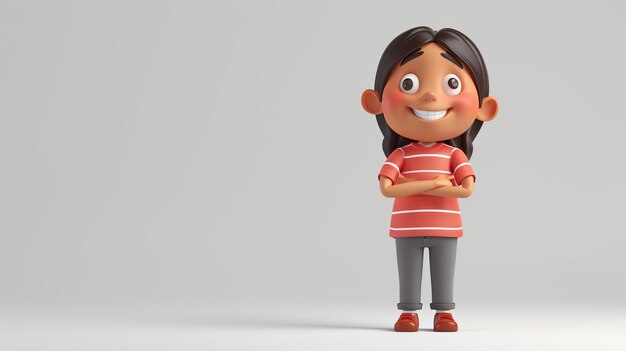 Foto alegre personaje de dibujos animados en 3d de una niña con los brazos cruzados